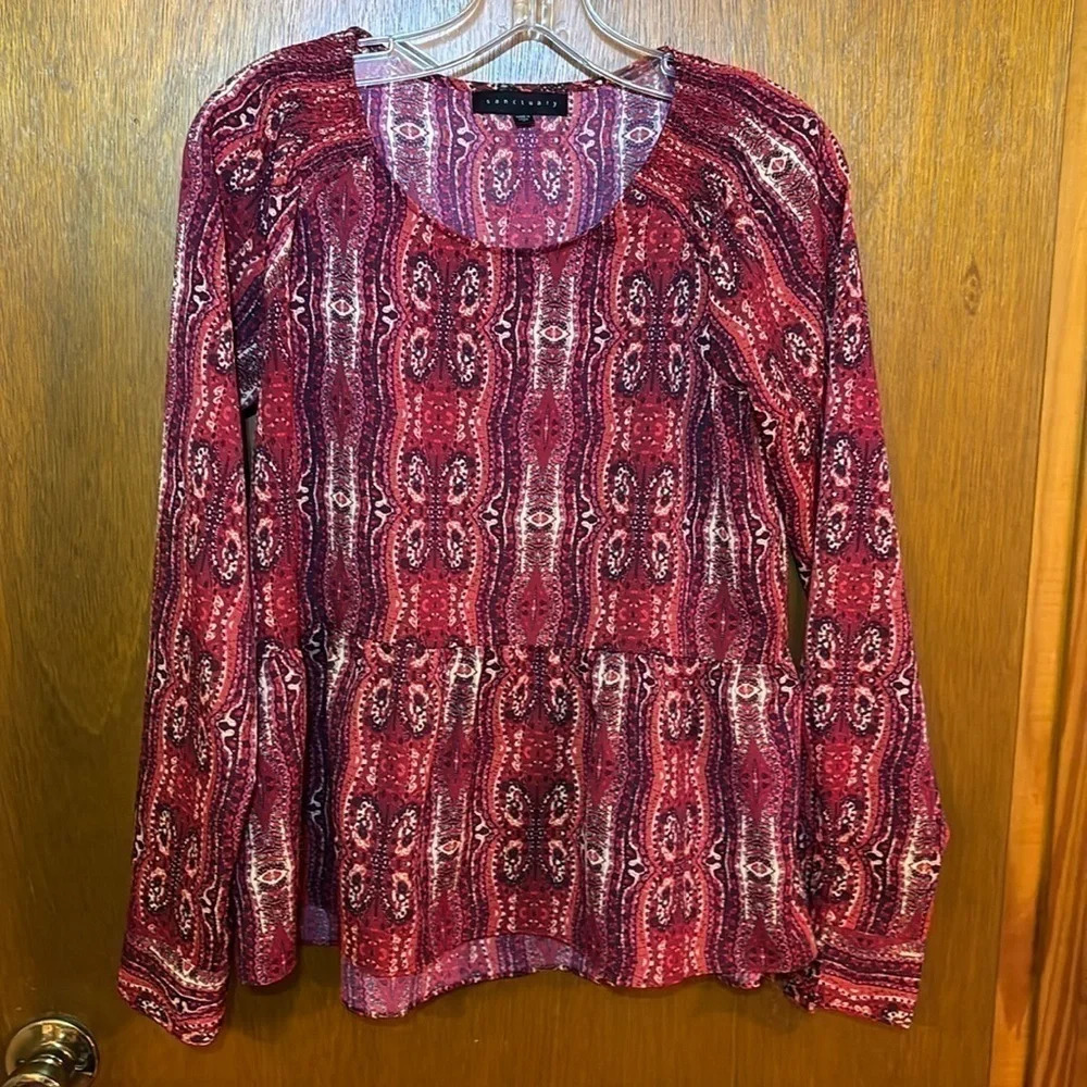 Sanctuary Beautiful Deep Red, Pink and Cream Button Sleeve Blouse Size S NWOT